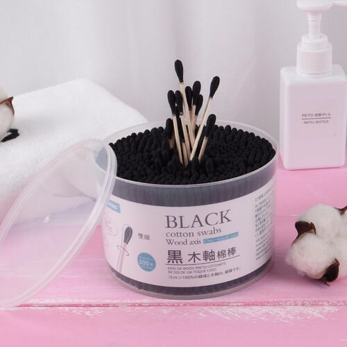 黑色竹炭棉签500支竹棒掏耳朵化妆双头圆盒一次性抠耳朵棉签棒