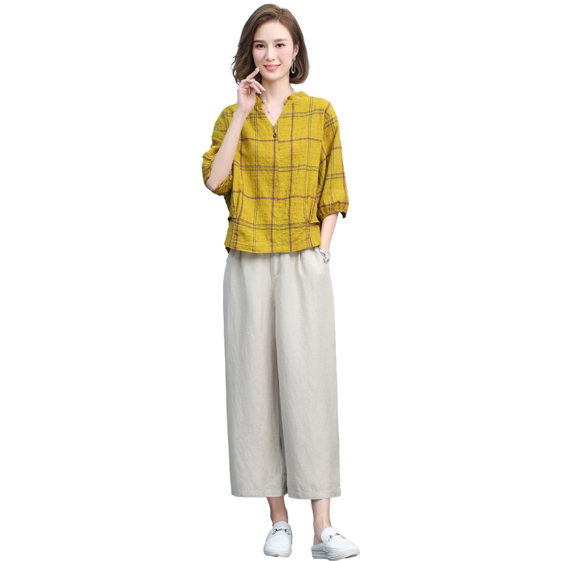 时尚棉麻套装女2026年夏季新款宽松大码V领格子衬衫阔腿裤两件套