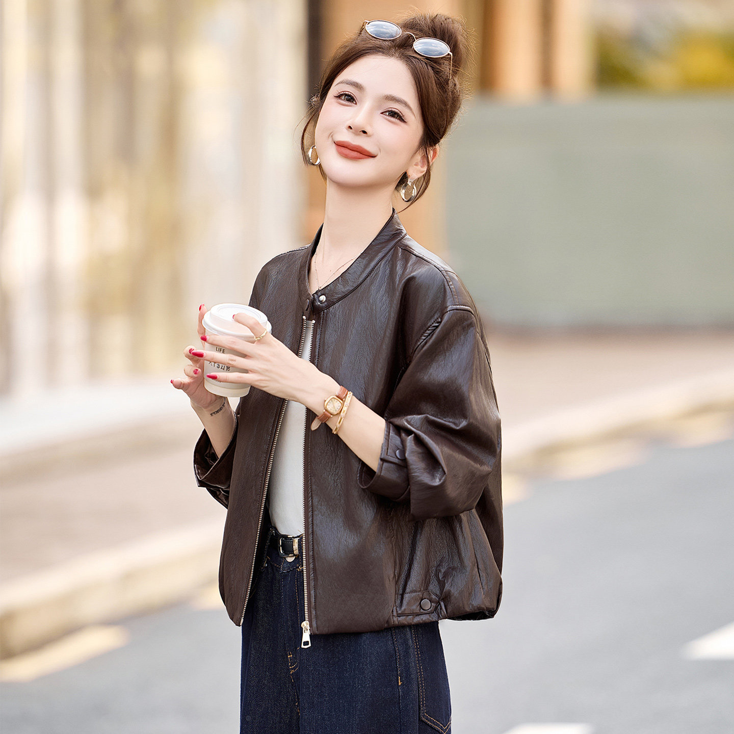 休闲短款立领皮衣外套女图片