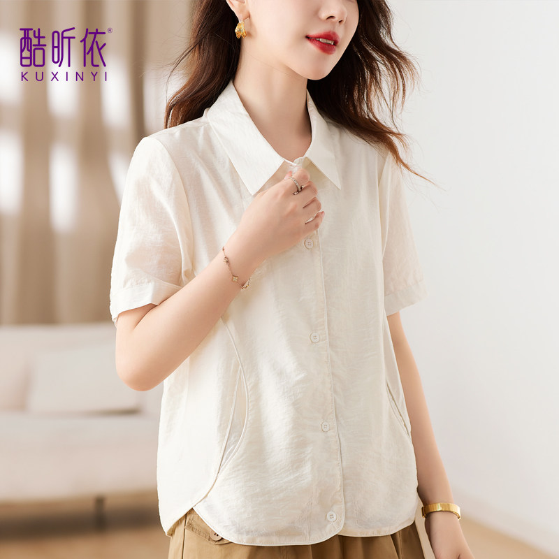 休闲翻领衬衫女2026年夏季新款中年妈妈宽松纯色衬衣气质短袖上衣