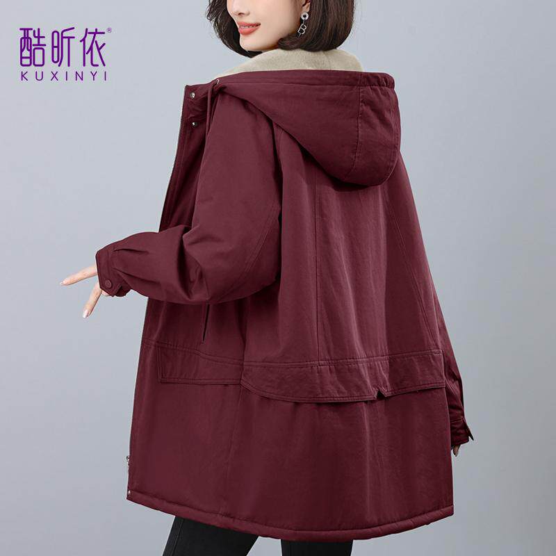 中长款休闲连帽棉衣女2025年冬装新款宽松大码纯色加绒加厚派克服