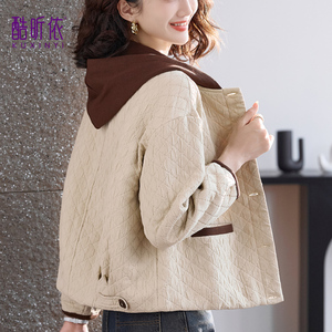 休闲短款连帽拼接外套女春秋2024年新款宽松大码中年妈妈减龄上衣