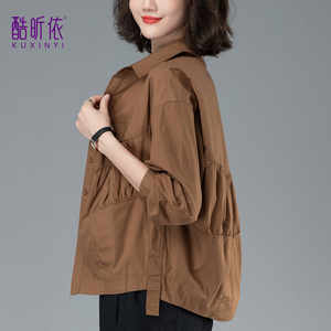 纯棉女士短外套2024年春秋新款宽松大码中年妈妈纯色薄款衬衫上衣