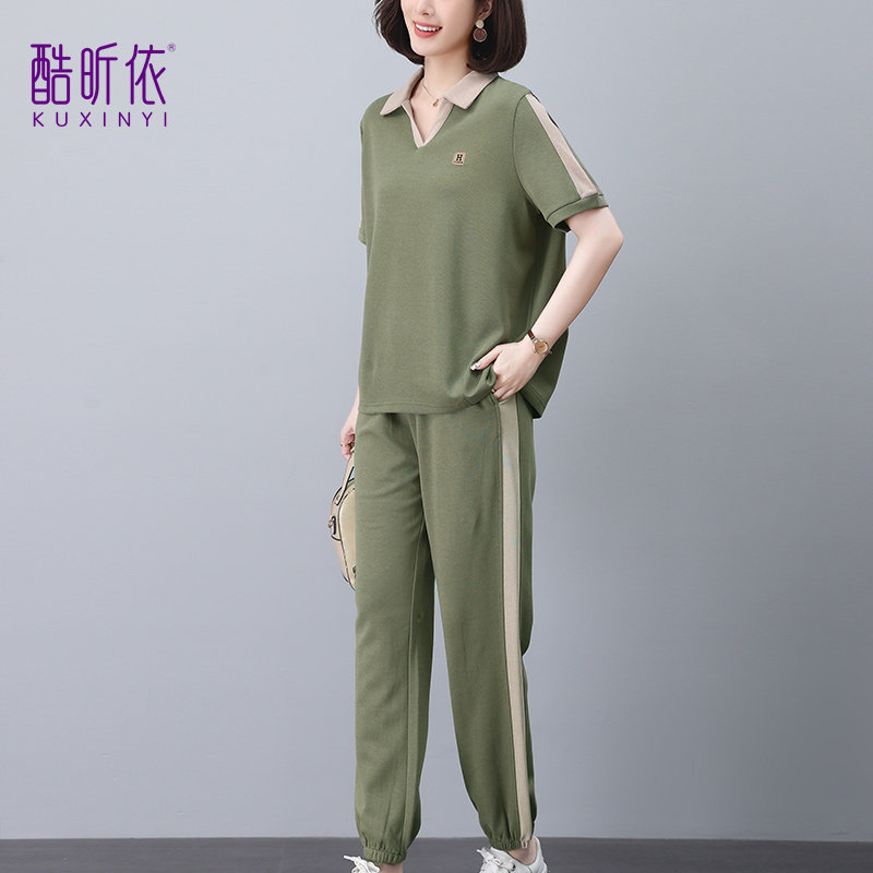 休闲运动两件套女夏2025年新款韩版宽松大码翻领条纹卫衣卫裤套装