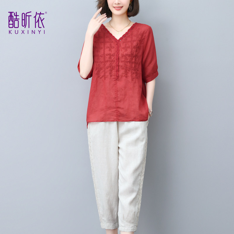 时尚棉麻两件套女2026年夏季新款V领短袖T恤休闲直筒裤小个子套装