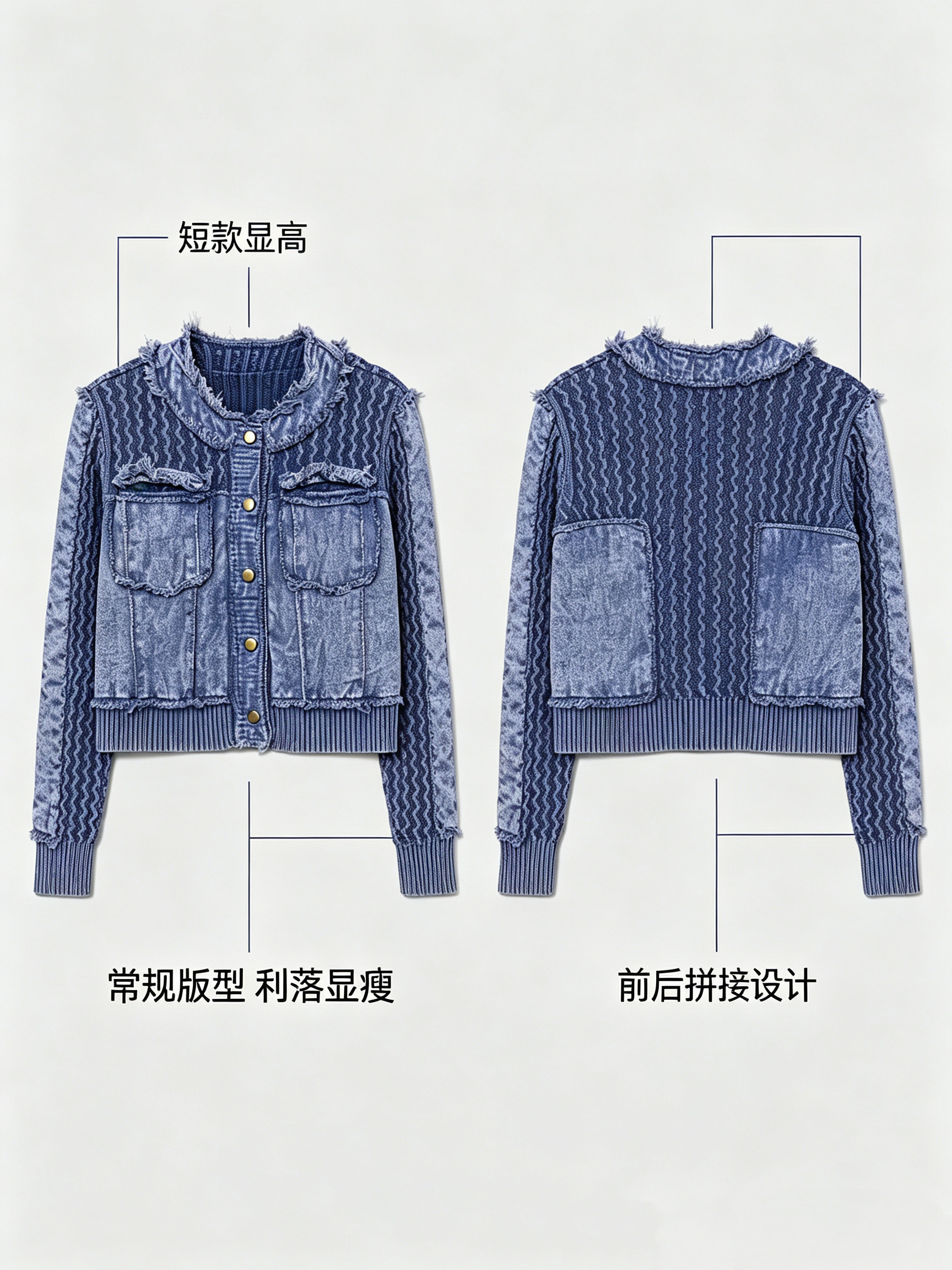 春秋新款开衫圆领偏厚牛仔休闲时尚舒适女装长袖外穿短款毛衣上衣