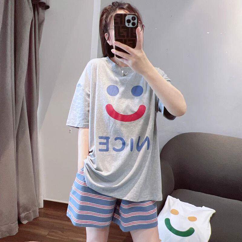 可爱笑脸条纹睡衣女夏季莫代尔棉短袖短裤套装夏天休闲宽松家居服