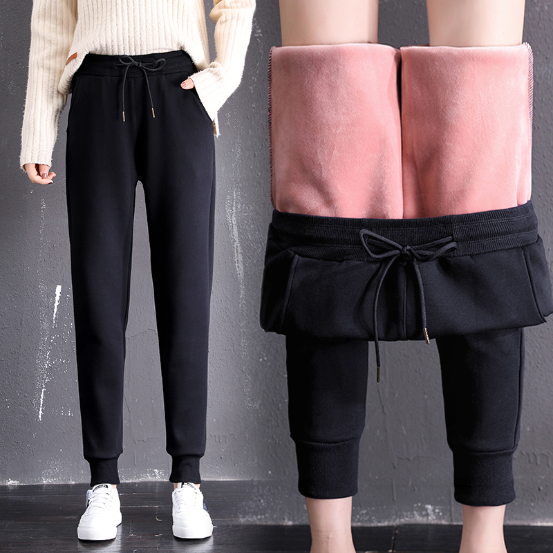 加绒加厚束脚运动裤女宽松休闲秋冬季裤子2022年新款百搭高腰学生