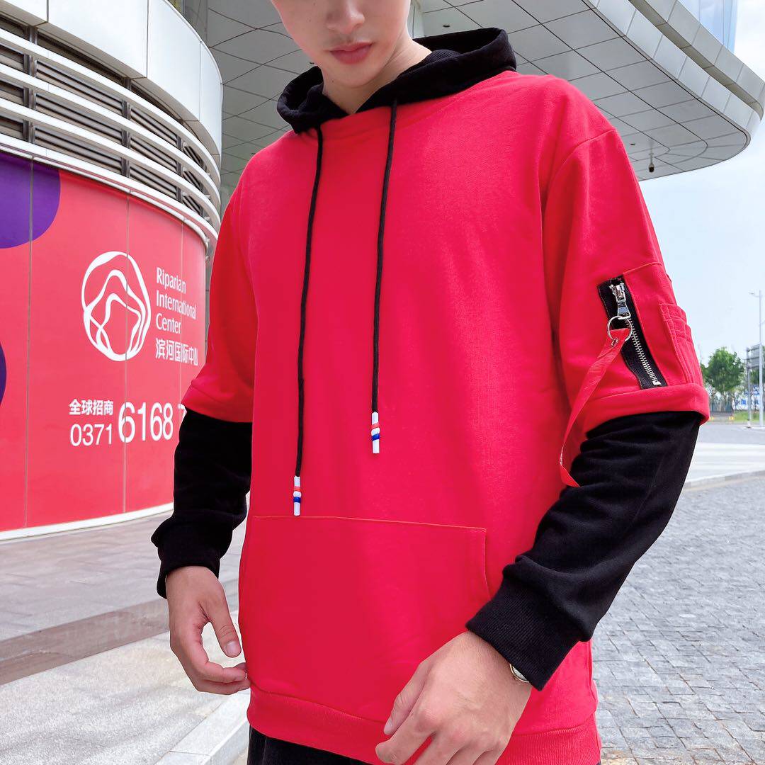 卫衣浩虎拼接假两件连帽