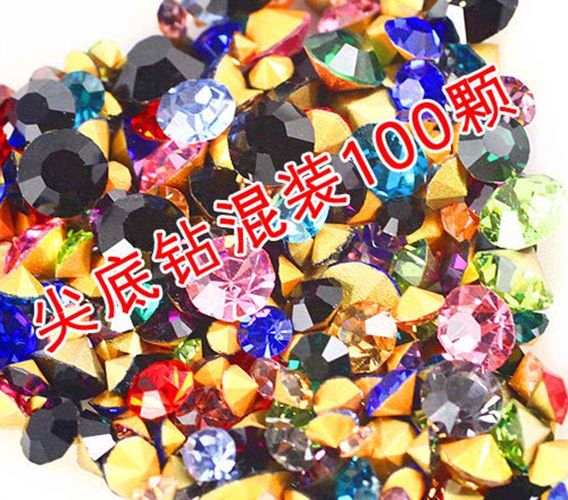 100颗混钻玻璃尖底水钻饰品补钻包散钻指甲美甲钻手机壳DIY材料包