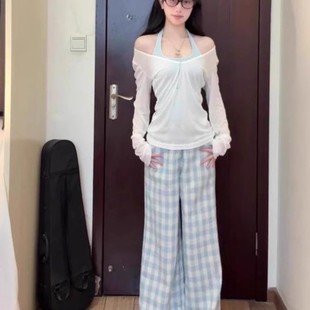 內(nèi)搭掛脖背心吊帶長(zhǎng)袖 穿搭夏季 女2025新款 t恤休閑褲 套裝 三件套