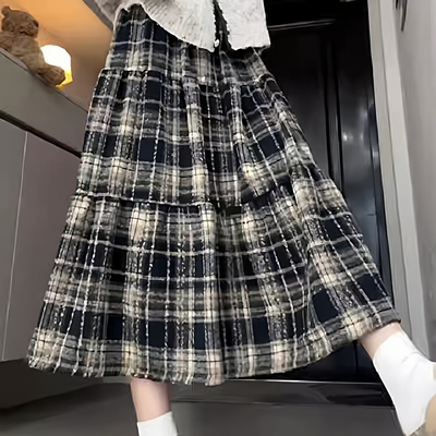 美式复古格子半身伞裙毛呢蛋糕裙