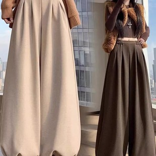 美式杏色灯笼裤女秋冬2025新款高腰宽松垂坠感加绒束脚休闲阔腿裤