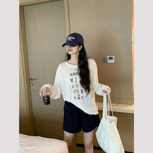 上衣 冰丝网纱棉纯色印花T恤女夏季 薄款 简约宽松显瘦微透长袖 罩衫
