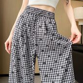 阔腿裤 子女夏季 百搭显瘦垂感高腰大码 蝴蝶结格子裤 休闲直筒运动裤