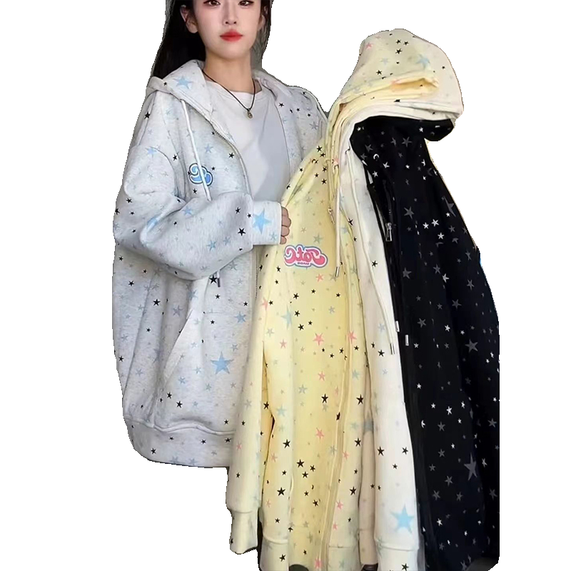 2025早秋新款国潮美式街头满印星星连帽卫衣拉链开衫男女秋季外套