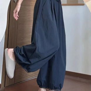 藏青色裤 百搭休闲裤 子夏季 胖mm新显瘦美式 宽松大码 日系灯笼阔腿裤