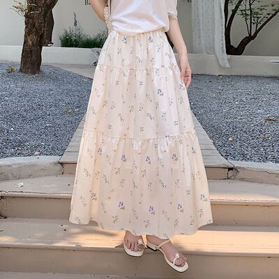 夏季甜美小清新碎花a字中长裙子
