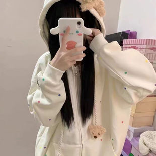 卫衣女春秋季 可爱小熊印花波点连帽开衫 oversize宽松慵懒拉链外套