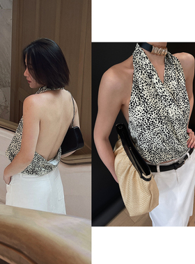 remerci 绿调小豹纹 印花绑带露背挂脖背心上衣吊带*