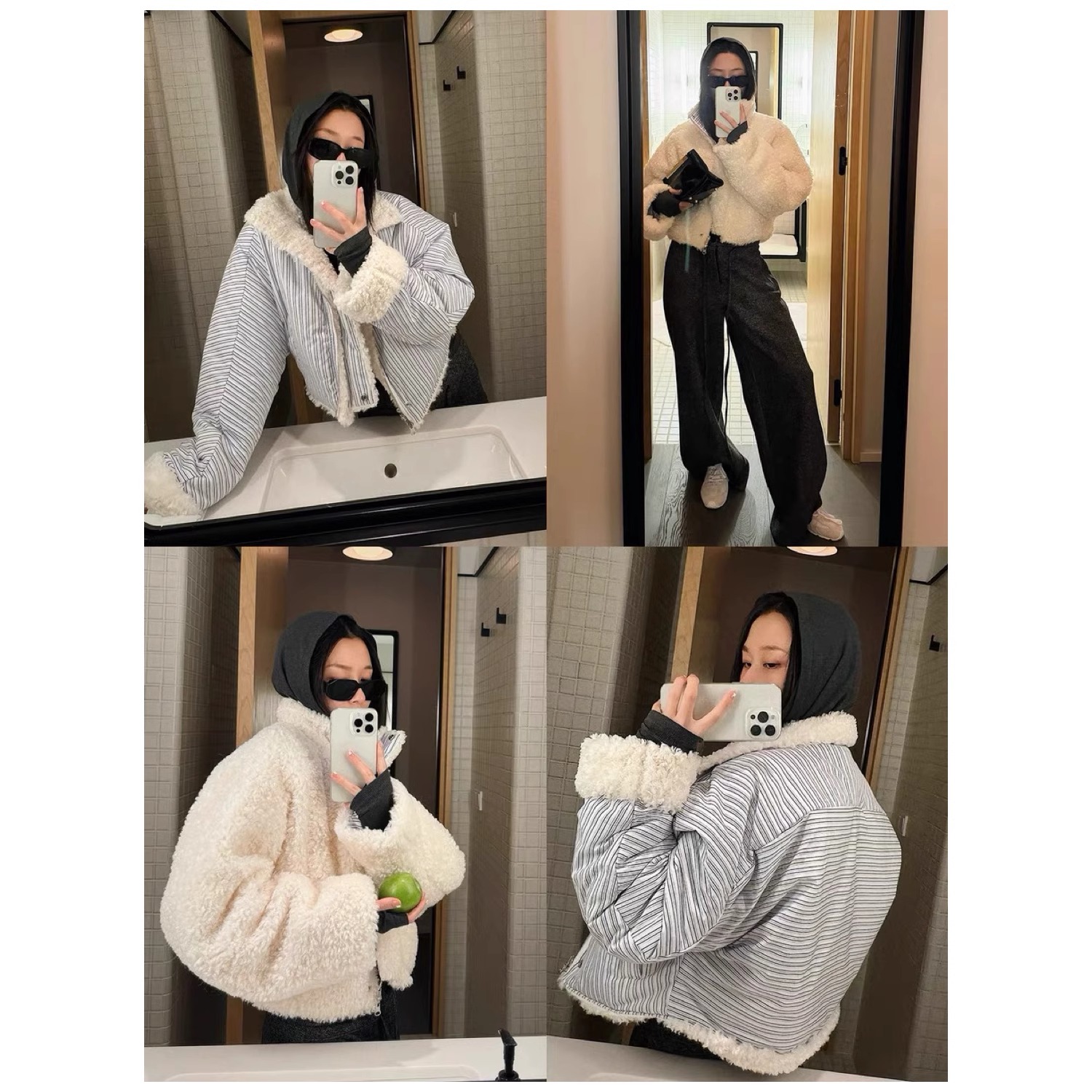 清新蓝条纹双面穿羊羔毛外套