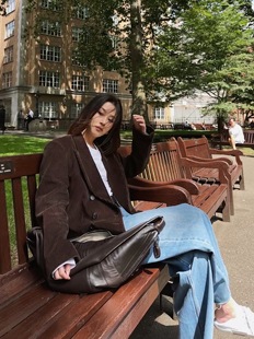 西装 美拉德巧克力棕复古条纹灯芯绒中长款 外套 海狸同款 remerci