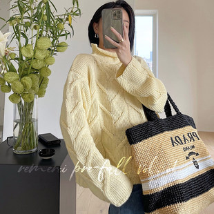 remerci vtg全羊毛奶黄绞花渔夫毛衣