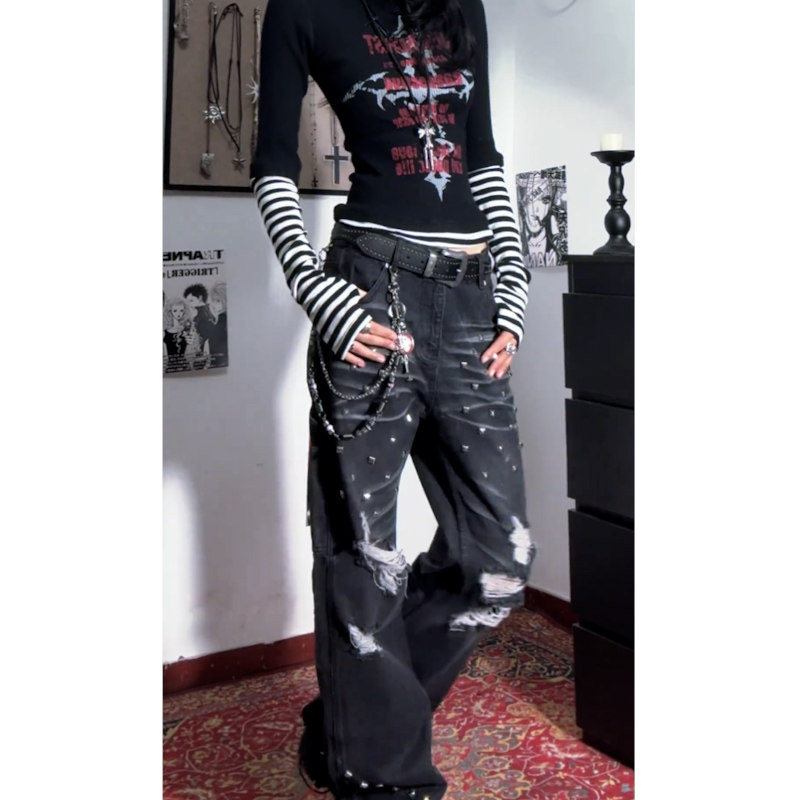 美式复古铆钉烫钻破洞牛仔裤女街头高街风阔腿长裤,女装/女士精品,牛仔裤,淘宝优惠券,粉丝福利购,淘宝优惠卷