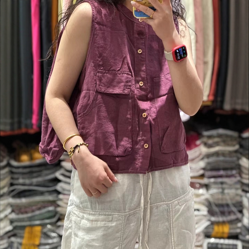 欧版时尚休闲亚麻马夹女2025夏季新款宽松减龄百搭无袖背心上衣