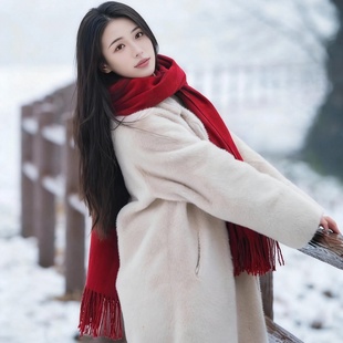 民族风披肩新疆西藏青海湖旅游纯色红围巾女冬季保暖围脖斗篷披风