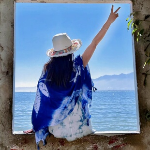 夏季蓝色系纱巾海边度假丝巾沙滩巾云南扎染民族风围巾女防晒披肩