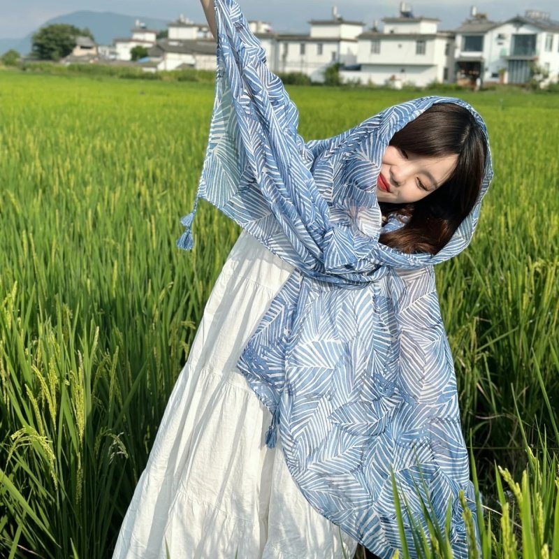 蓝色丝巾女夏季百搭薄款纱巾遮阳棉麻围巾海边沙滩巾沙漠防晒披肩