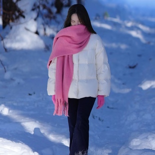 川西旅游蓝色围巾女冬季东北长白山氛围感加厚保暖围脖雪地穿搭