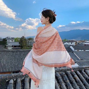 旅游拍照防晒披肩围巾女夏民族风腰果花日韩粉色甜美流苏丝巾纱巾