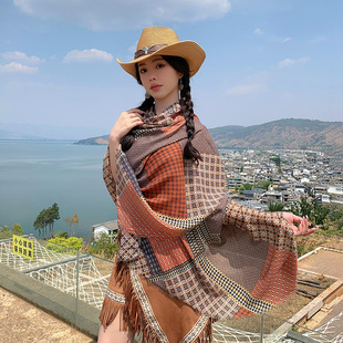 民族风围巾女薄款防晒头巾青海西藏旅游穿搭丝巾海边沙滩巾两用