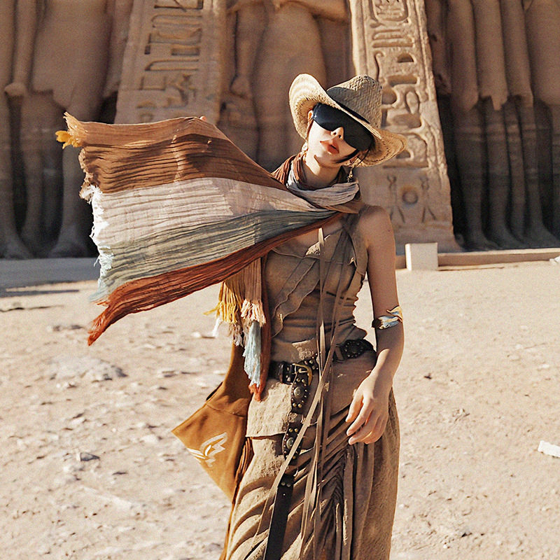 废土风棉麻围巾女埃及大西北沙漠旅游薄款复古文艺丝巾民族风披肩