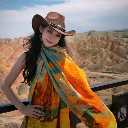 沙漠旅游防晒披肩女仿真丝丝巾薄