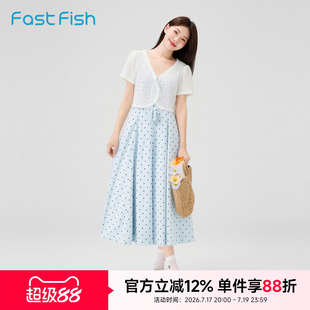 快鱼法式连衣裙波点裙子女款2026新款文艺淑女气质显瘦两件套开衫