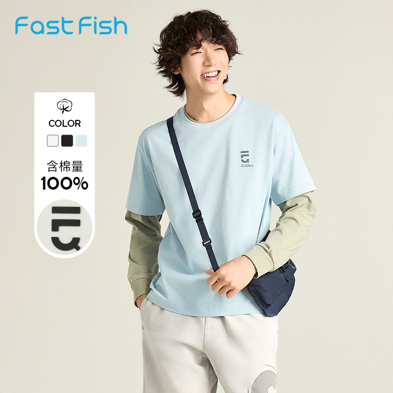 快鱼纯棉男士短袖t恤2025新款简约休闲宽松舒适圆领百搭夏装上衣