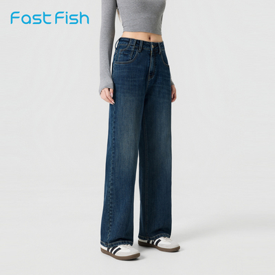 快鱼蓝灰色牛仔裤女2026年春季新款磨毛直筒复古宽松显瘦阔腿裤