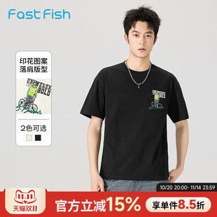 百搭休闲短袖 快鱼男士 宽松休闲印花上衣时尚 新款 舒适T恤2025夏季