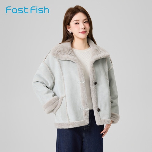 快鱼羊羔毛外套女2025新款冬季皮毛一体宽松舒适小个子加厚夹克