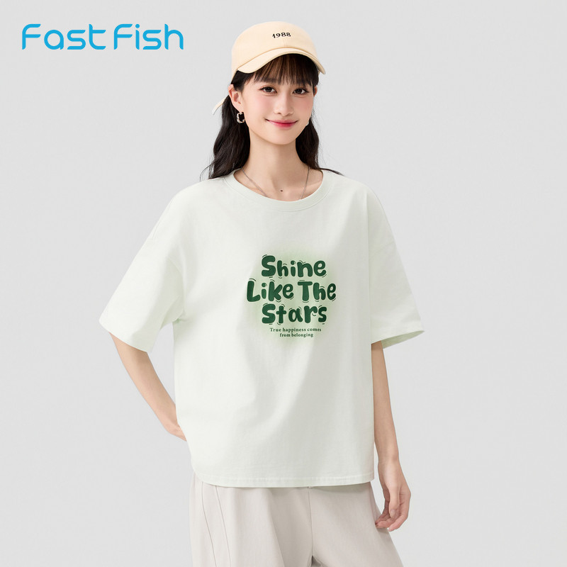 快鱼美式纯棉t恤女2026新款短袖小众简约印花夏宽松半袖女装上衣