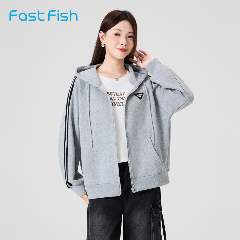 快鱼休闲卫衣开衫简约连帽女2025年秋新慵懒百搭遮肉显瘦针织外套