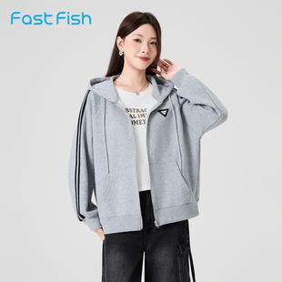 快鱼休闲卫衣开衫 简约连帽女2025年秋新慵懒百搭遮肉显瘦针织外套