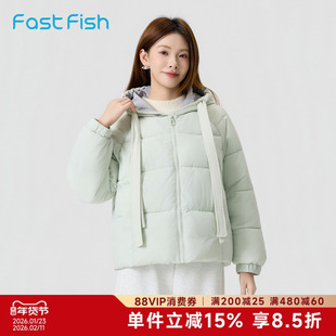 快鱼2025冬季新款复古文艺连帽格子拼接短款宽松女棉服外套潮棉衣