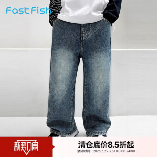 子潮流童装 快鱼儿童简约百搭水洗牛仔裤 宽松直筒裤 新款 2025年冬季
