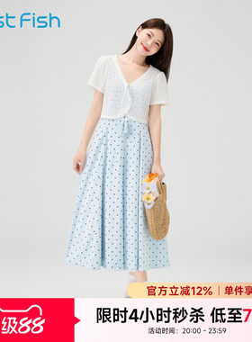 快鱼法式连衣裙波点裙子女款2026新款文艺淑女气质显瘦两件套开衫