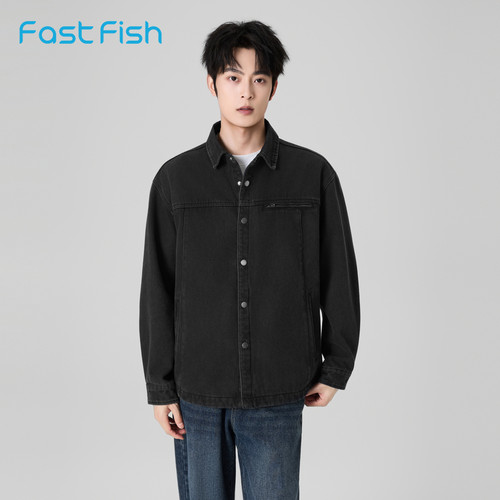 快鱼美式复古牛仔外套男2025年冬新款潮流时尚上衣简约百搭夹克