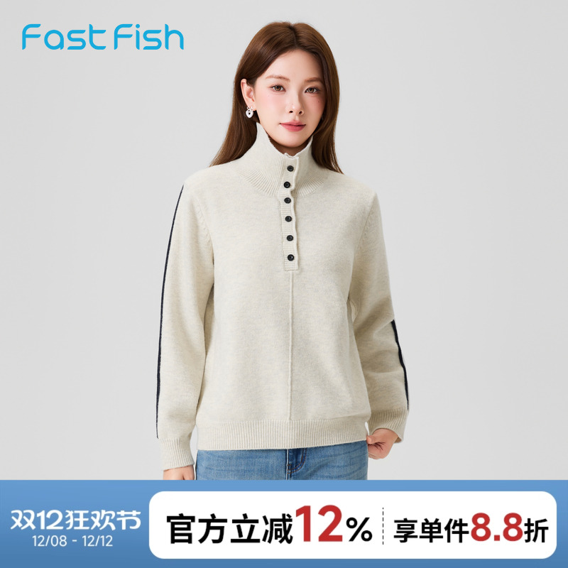 翻领针织衫半开领纽扣毛衣内搭